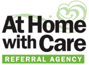 A logo for at home with care, an agency that offers referrals.